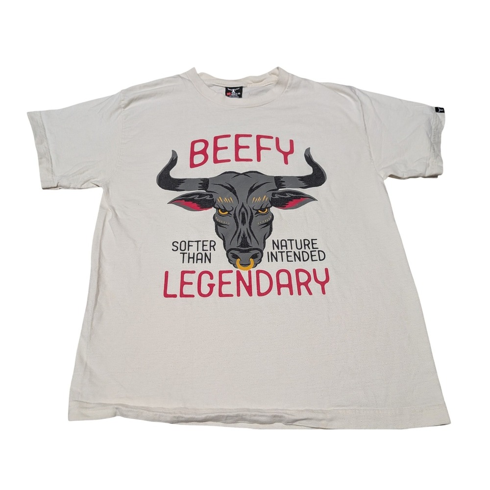Vintage Hanes T-Shirt Mens M Cream Beefy-T Legendary Bull Graphic Short Sleeve